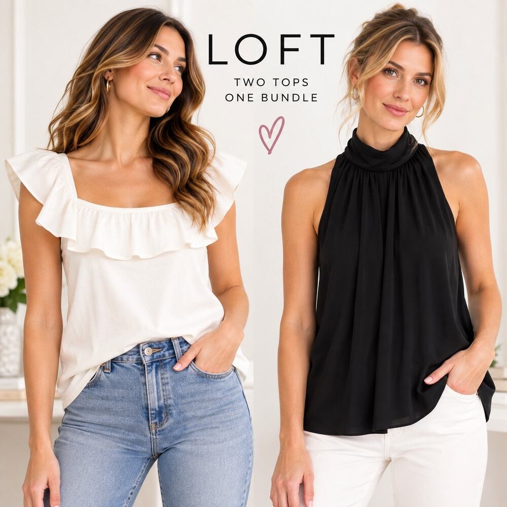 LOFT 2 Top Bundle Size Small NWT White Ruffle & Black Sleeveless Blouse
